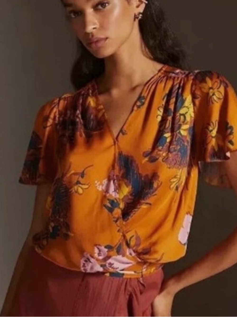 Tiny Anthropologie Floral Surplice Blouse Small Flutter Sleeve Boho Top
